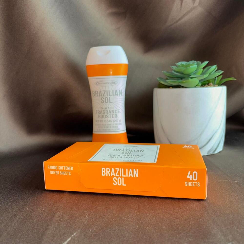 Homebright Brazilian Sol fragrance booster and fabric softener dryer sheets .